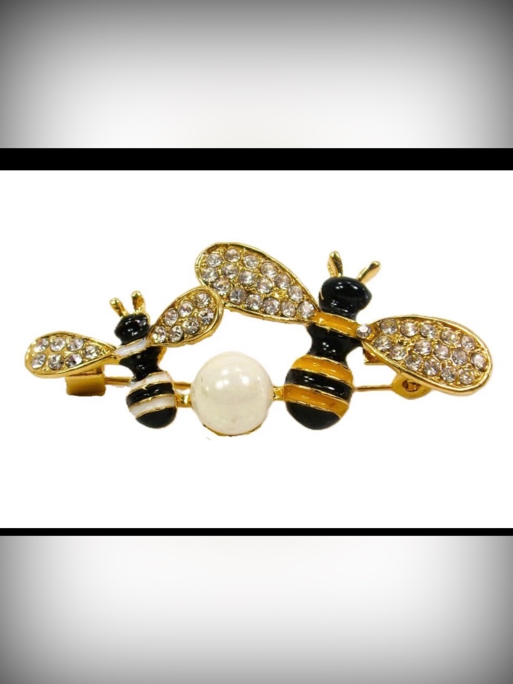 Bee Brooch Pin in white and black colors, crystals, and white round pearl  NEW